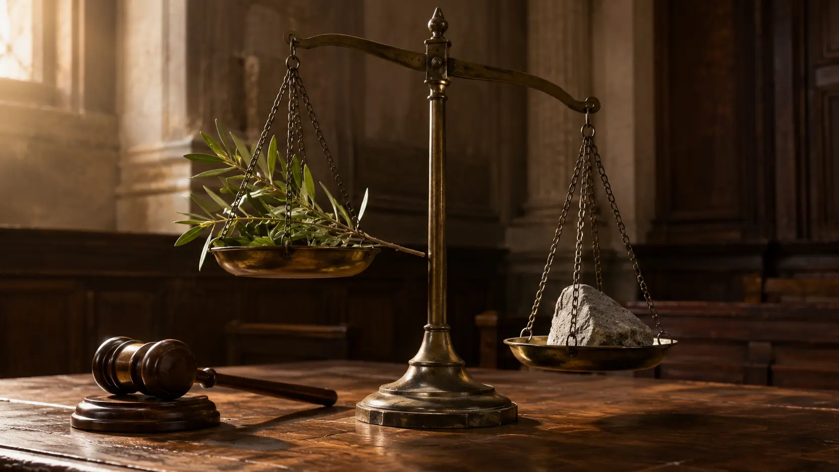 A courtroom balance tipped by an olive branch beneath warm restorative light