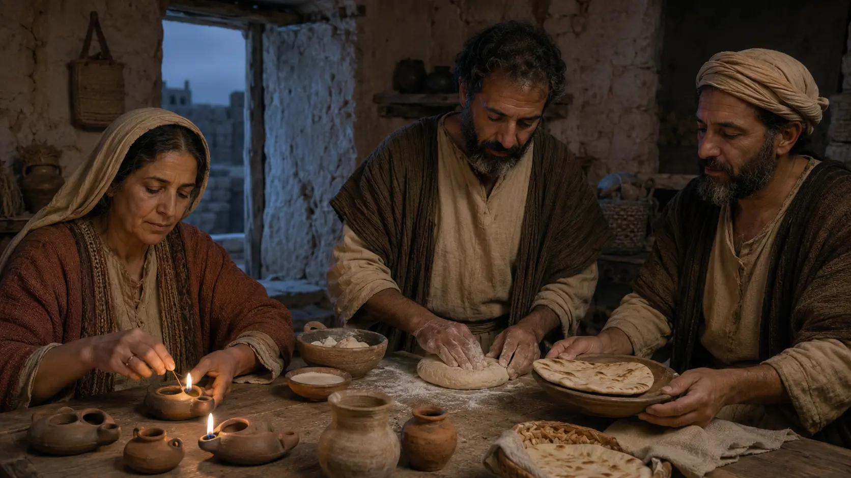 A household trimming lamps and preparing bread in quiet predawn readiness