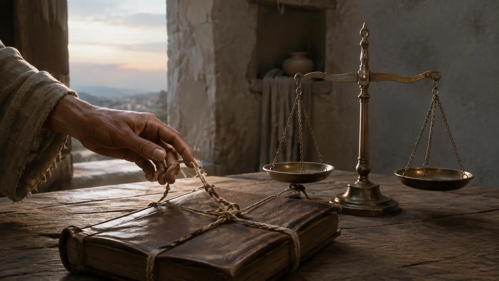 A hand loosening a blank debt ledger beside a balanced bronze scale