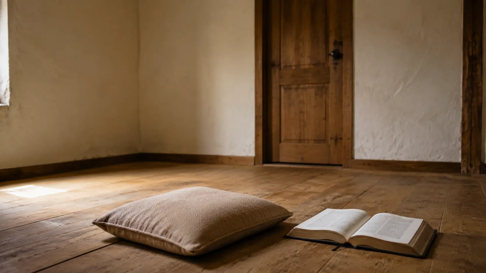 A simple private prayer room with an open Bible and one kneeling cushion