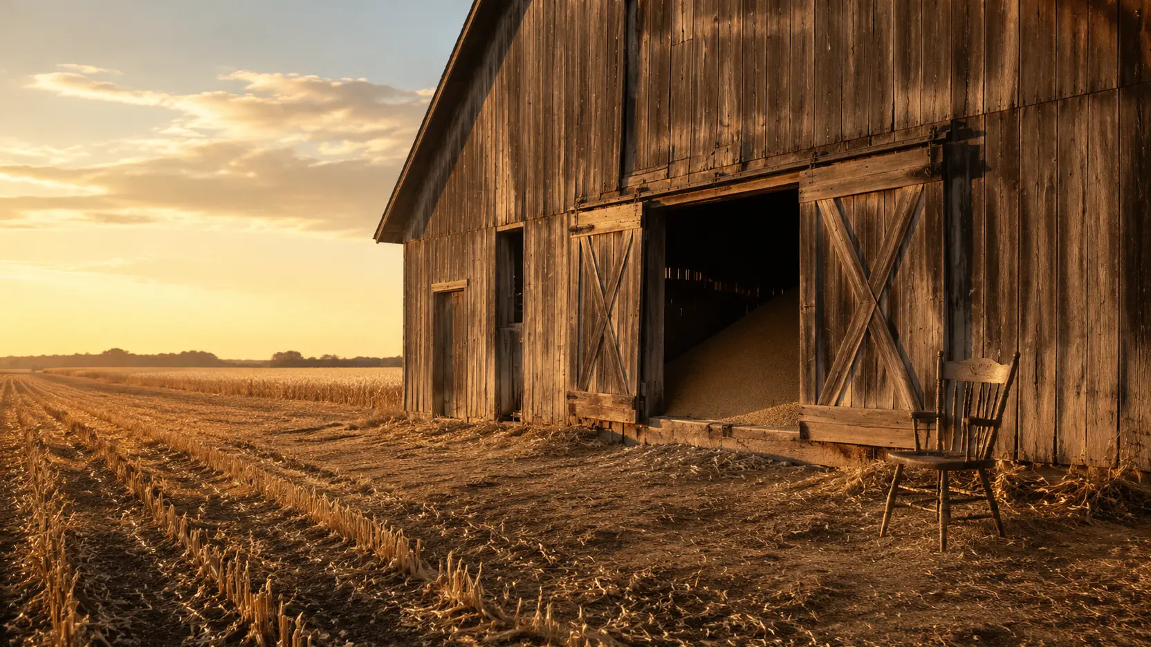 An overflowing rustic barn beside a solitary empty chair at dusk