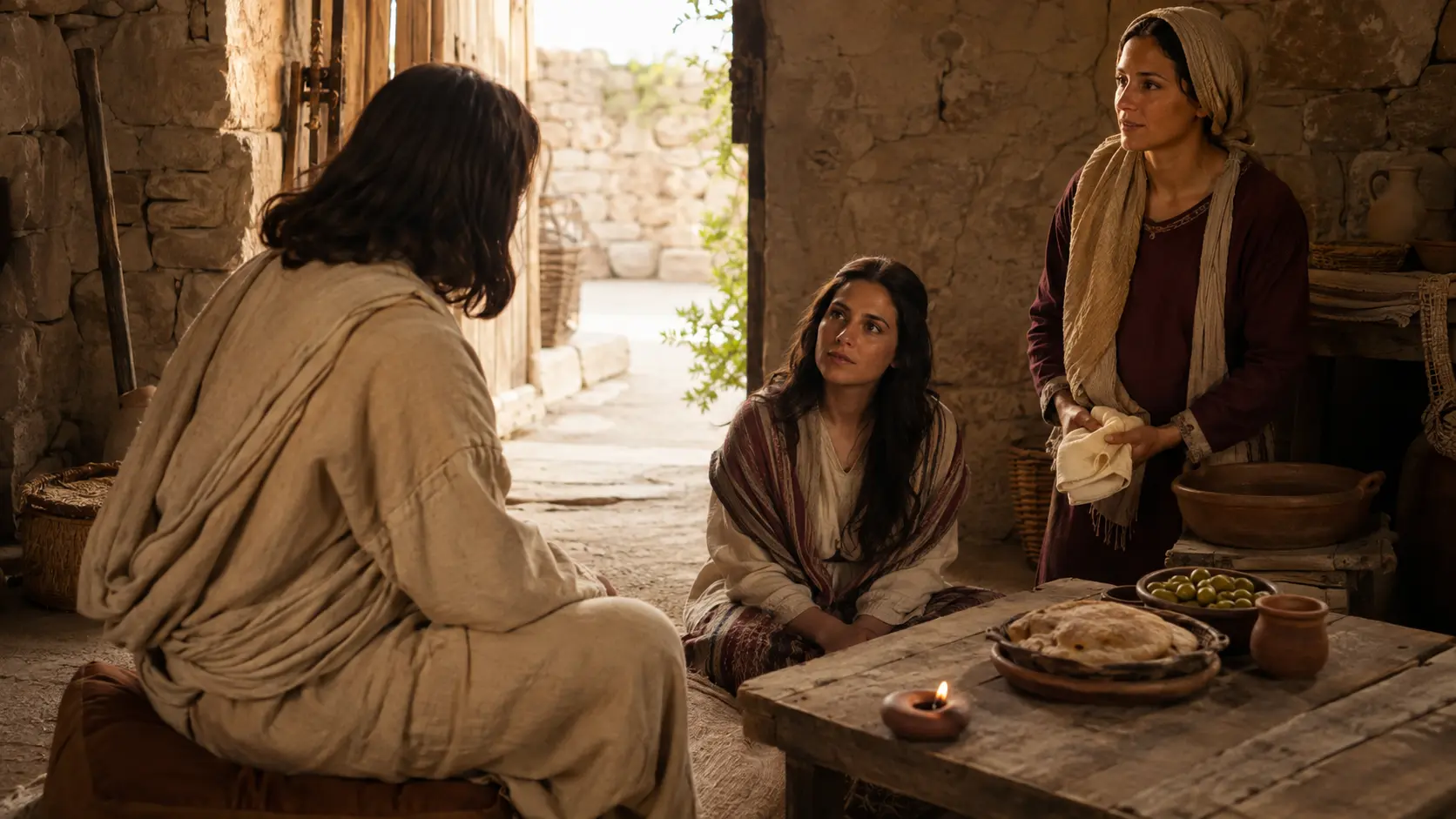 Martha pausing from service while Mary listens at Jesus' feet