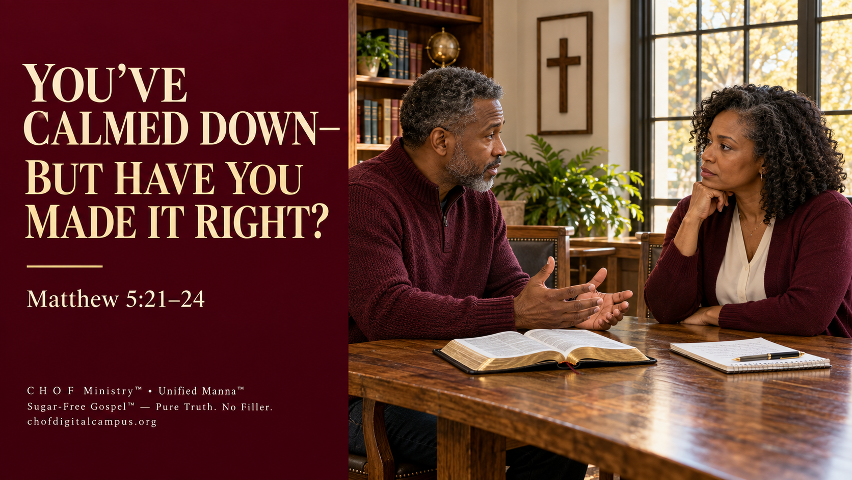 Two adults in a thoughtful conversation about repairing harm, with an open Bible on the table. You’ve Calmed Down—But Have You Made It Right? Matthew 5:21–24.
