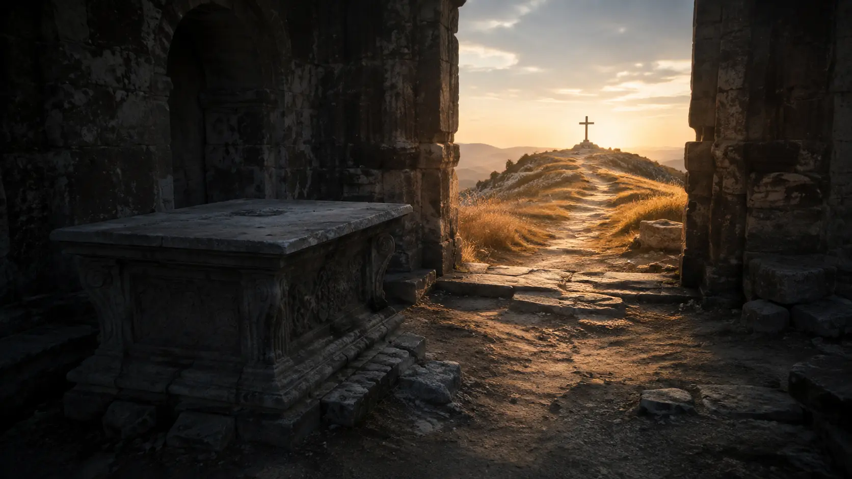 An abandoned stone altar in shadow with a distant cross in warm light