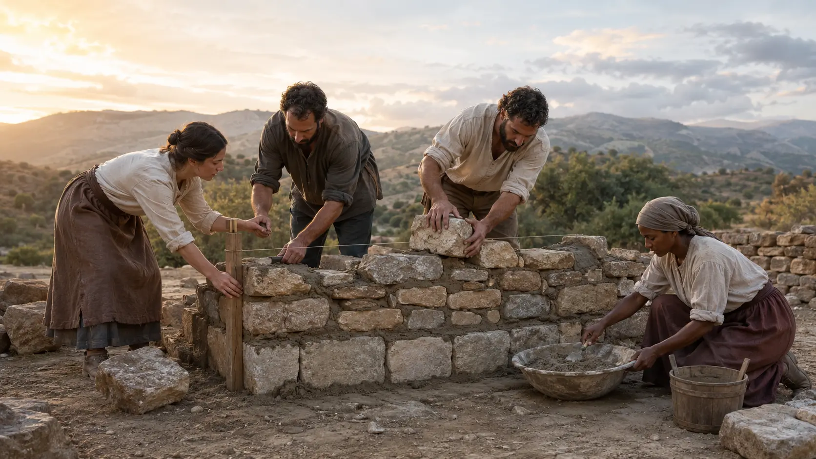 A small community rebuilding a strong stone wall together at dawn