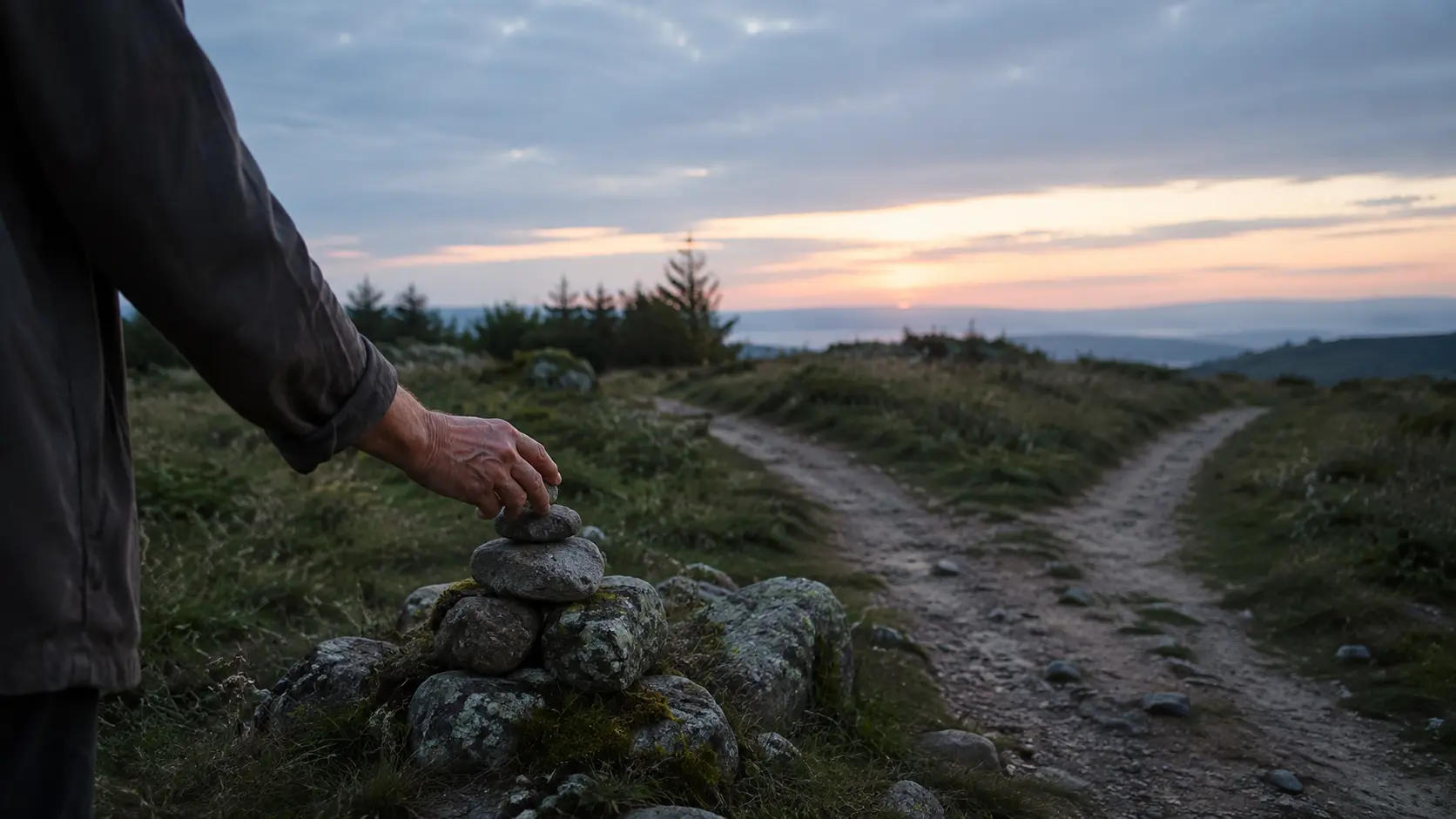 A respectful memorial stone placed at a safe distance along a quiet path