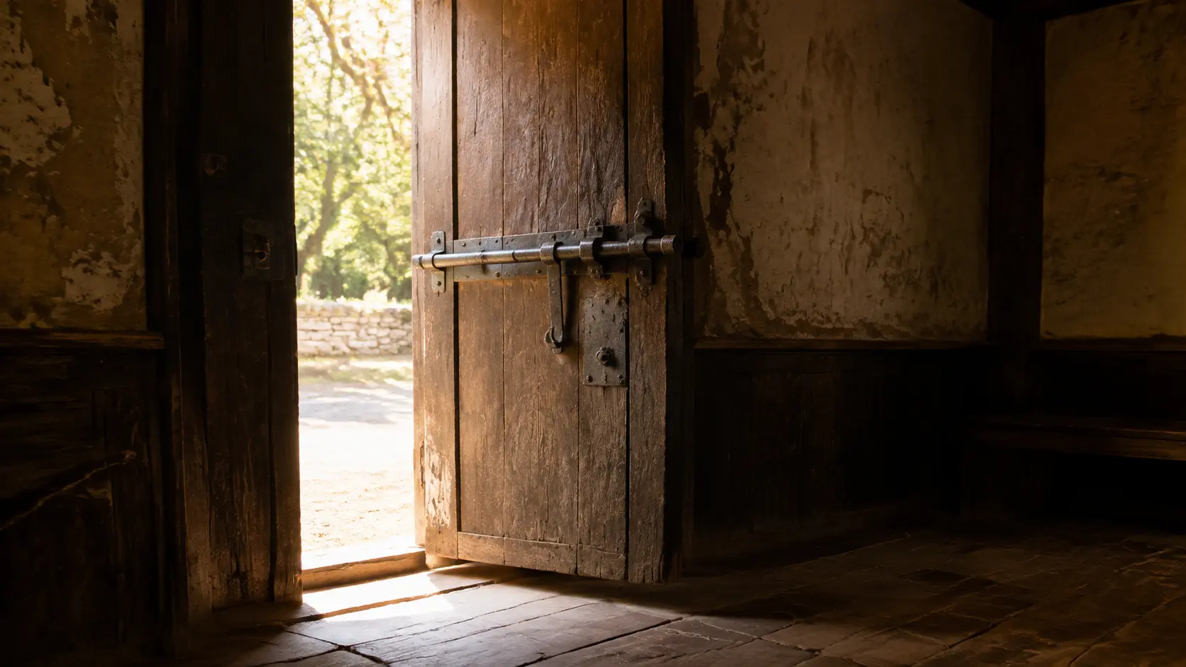 A heavy door opening as warm light drives darkness from the room
