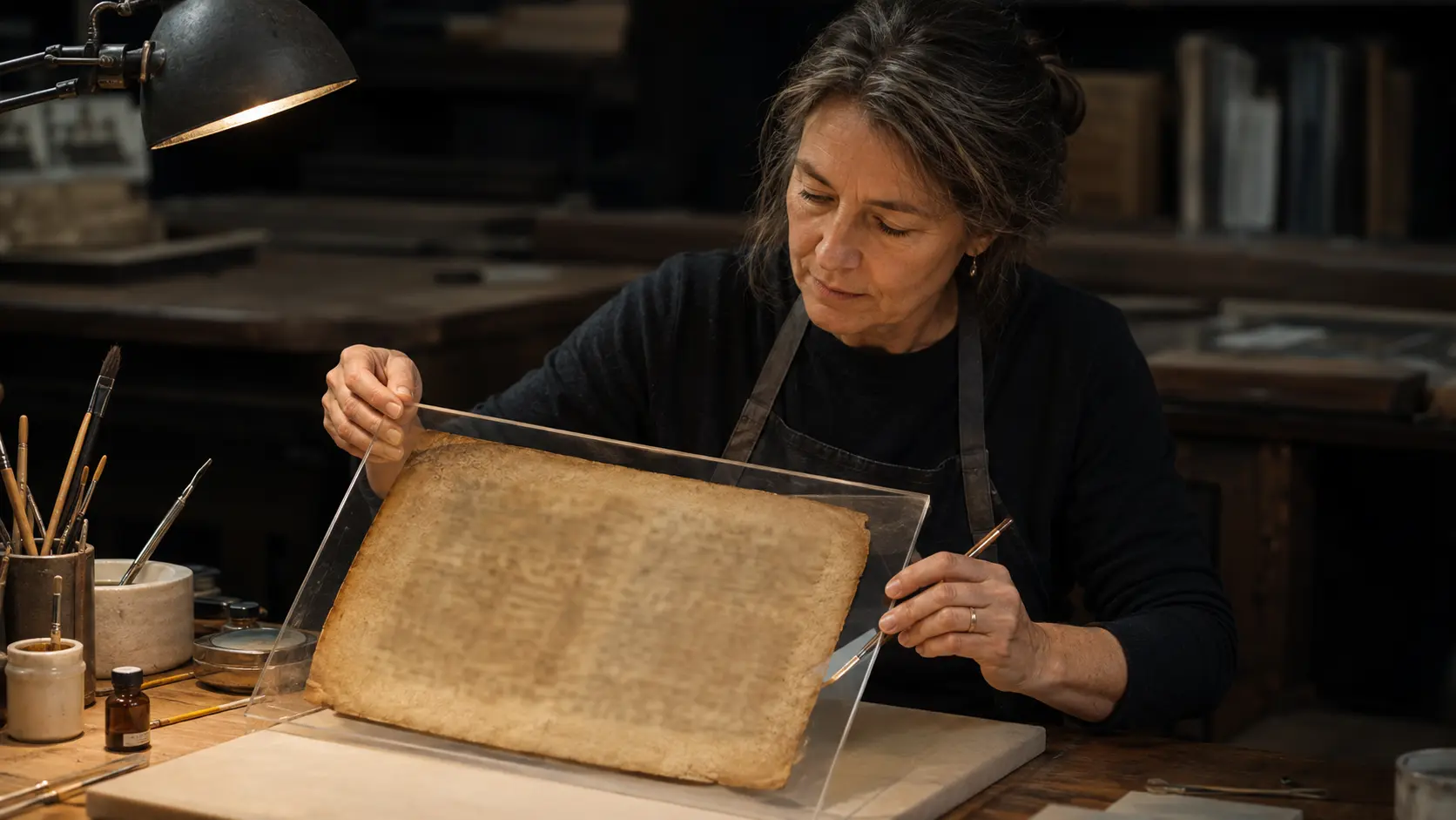 A careful restorer protecting an ancient manuscript without readable writing