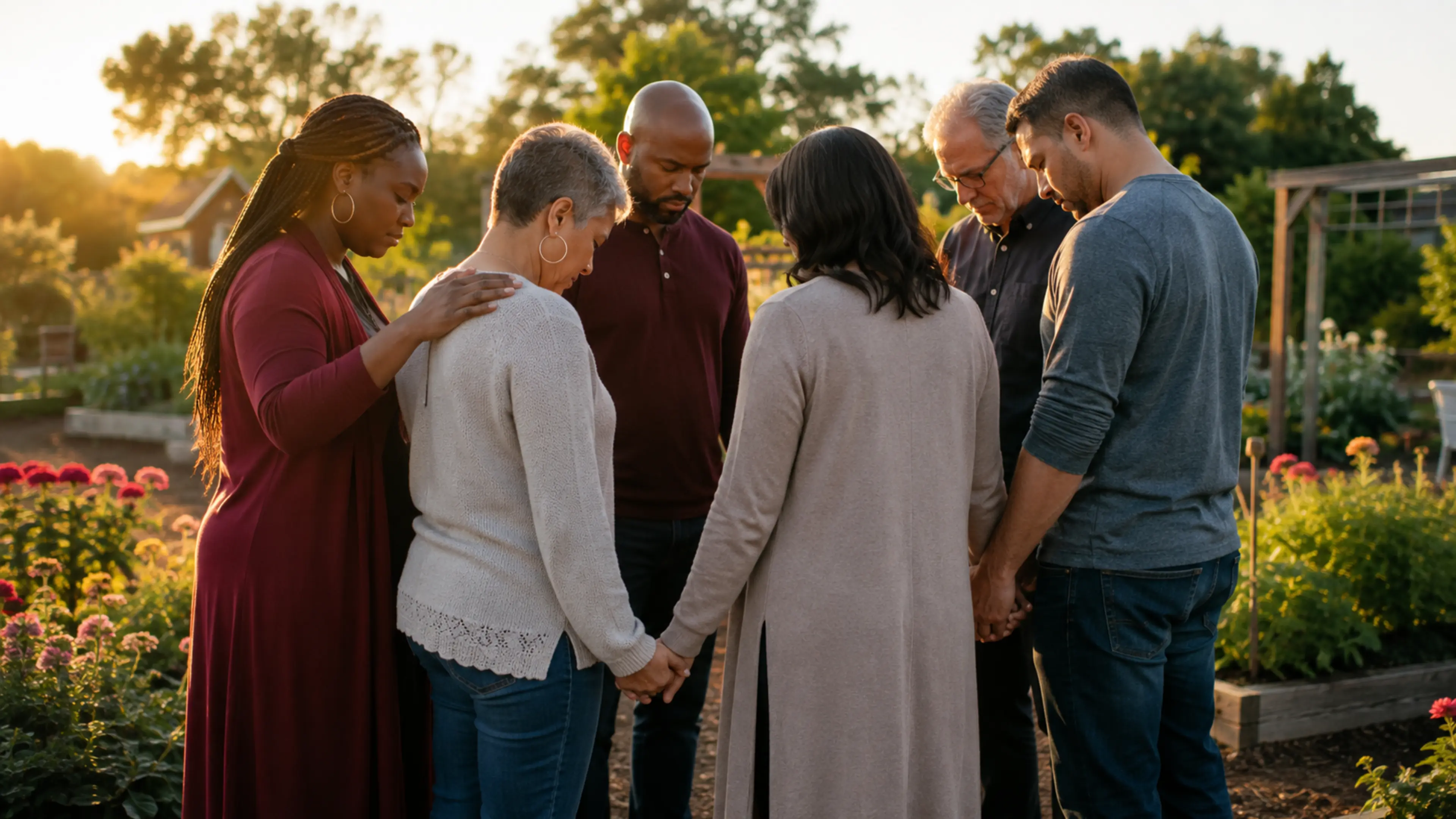 A small community gathered in sincere prayer within warm natural light