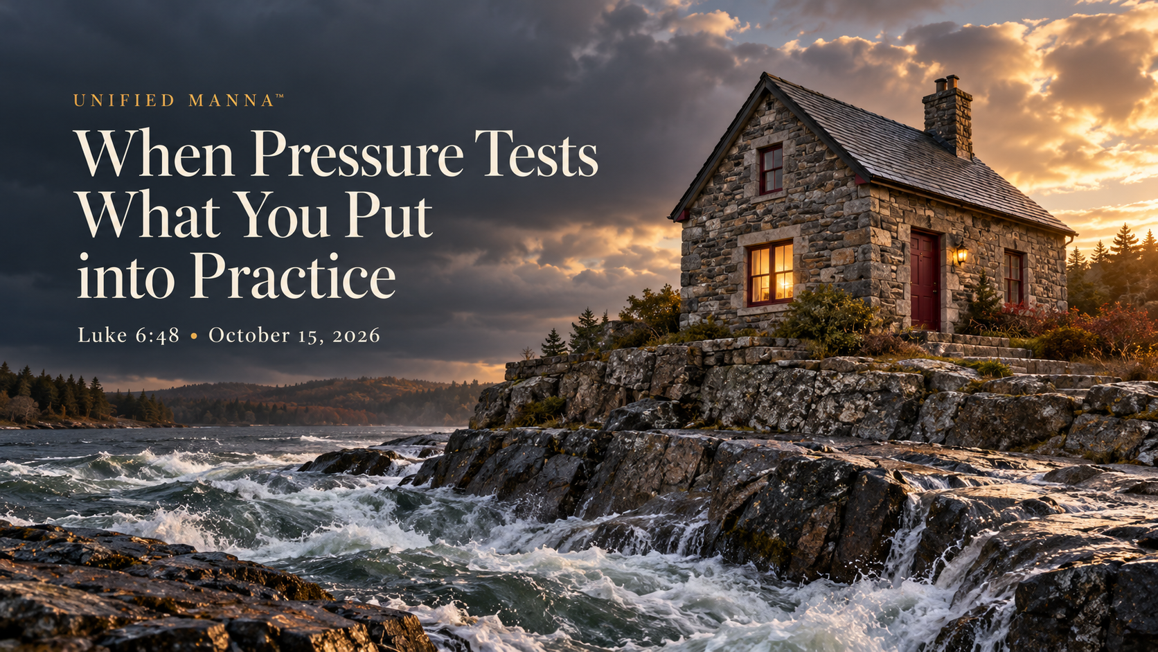 A stone house stands firmly on exposed bedrock while rushing water strikes the rocks below. Warm light shines through its window beneath lifting storm clouds. When Pressure Tests What You Put into Practice — Luke 6:48.